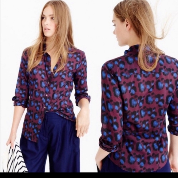J. Crew Tops - J. Crew Perfect cotton/silk Cobalt Leopard Print button up shirt